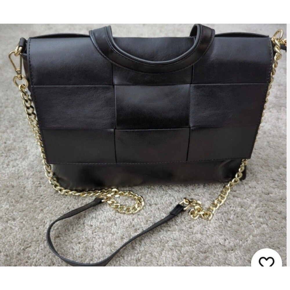 Anna Paola Genuine Leather Handbag Black Woven Leather Gold Chain